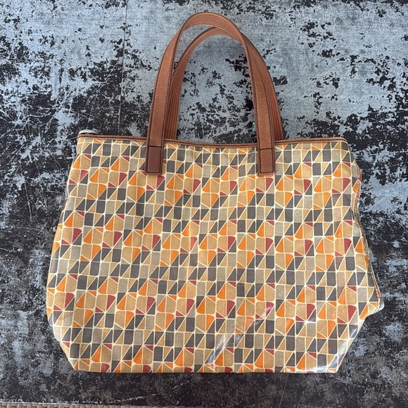 Fossil Brown/Orange Leather/Coated Canvas Vintage Key Per Tote 15x13x5" - Picture 4 of 7